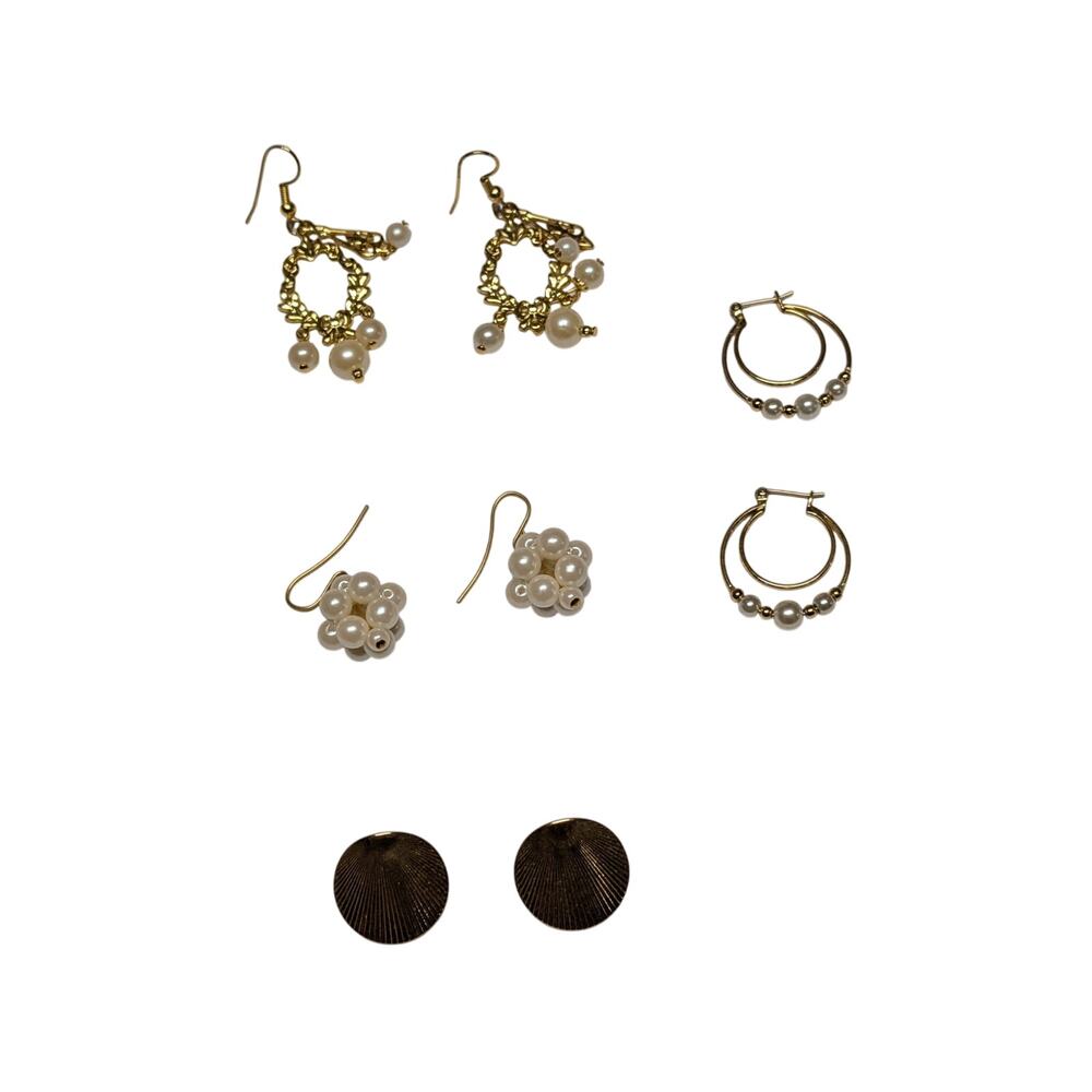 Lot of 5 Pairs Gold-Tone & Pearl Earrings – Hoops, Drops, Studs, Vintage